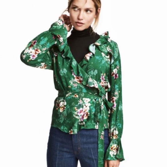 H&M Tops - Wrap Ruffle Cinched Bell Sleeve Long Sleeve Blouse